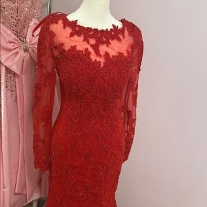Red long sleeve maxi Lace Dress